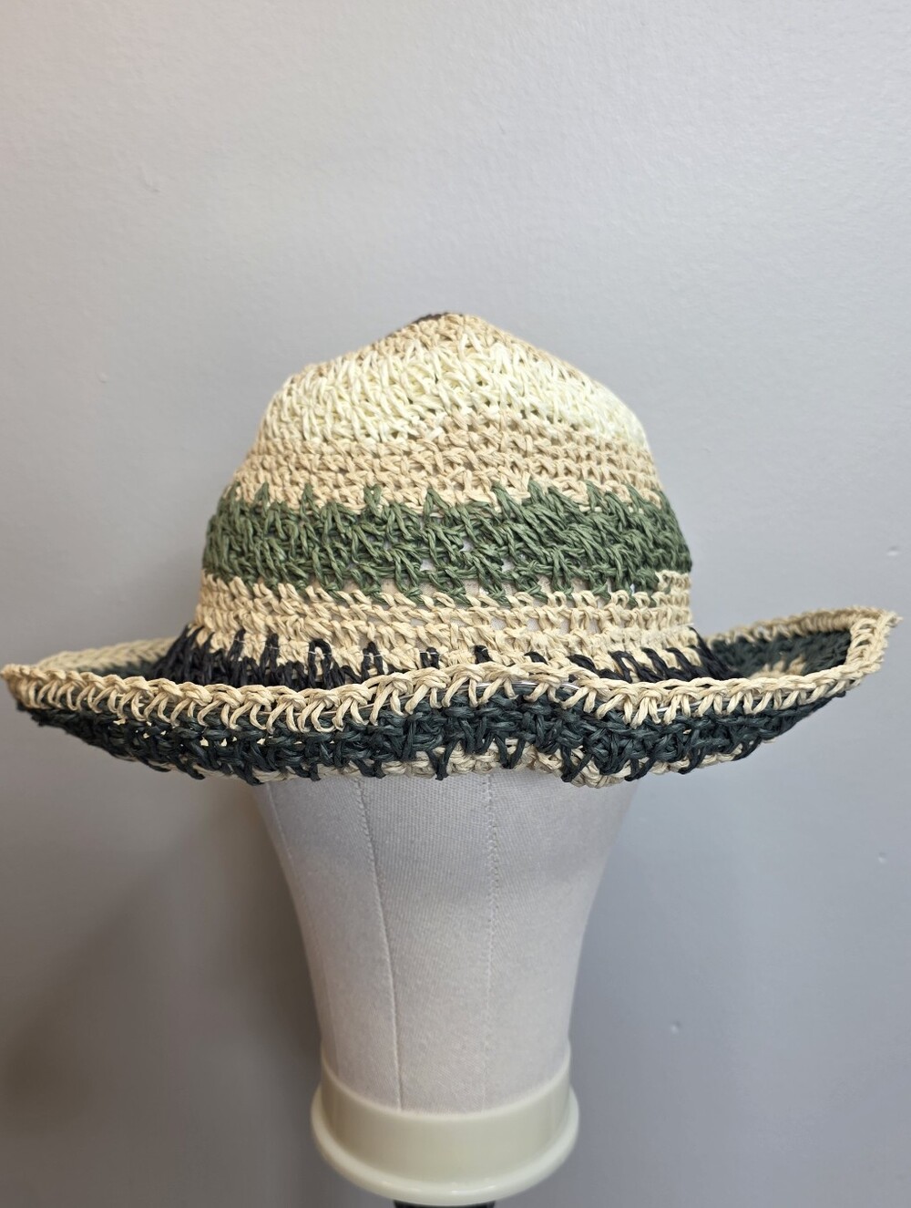 LOGO By Lori Goldstein Woven Straw Sun Hat with Green and Dark Trim OS
